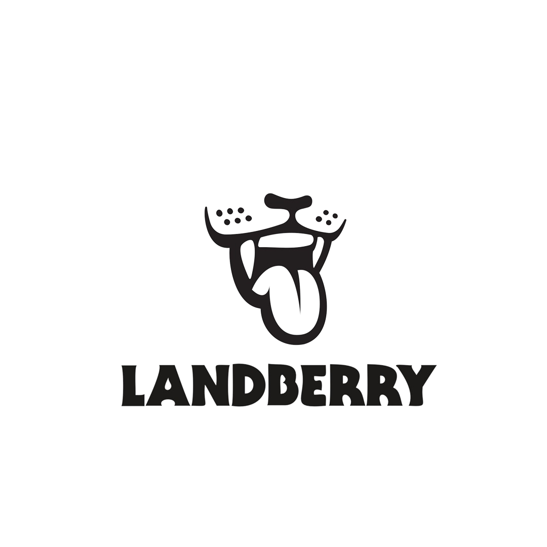 Un logo en noir et blanc représentant la bouche et la langue d'un animal joyeux au-dessus du texte « LANDBERRY ».