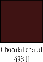 Un échantillon de couleur brun foncé étiqueté « Chocolat chaud 498 U ».