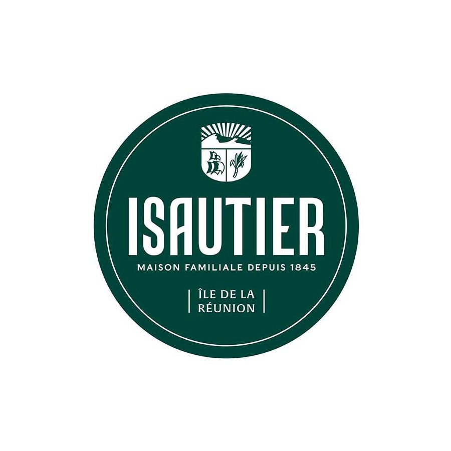 A circular, dark green Isautier logo with white text reading