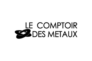 Logo pour Le Comptoir des Métaux présentant un texte stylisé et une icône abstraite de boucle entrelacée en noir sur blanc.