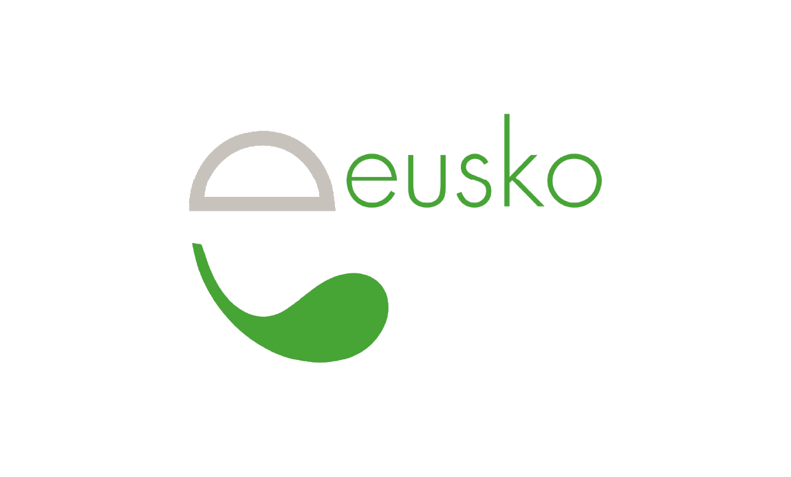 Le logo d'Eusko présente le mot « eusko » en caractères minuscules verts à côté d'une icône stylisée de la lettre « e » en vert et gris.