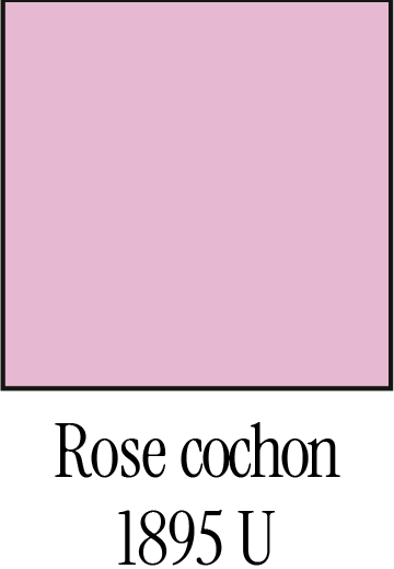 Un échantillon carré de couleur rose pâle, portant l'inscription « Rose cochon 1895 U » en caractères noirs en dessous.