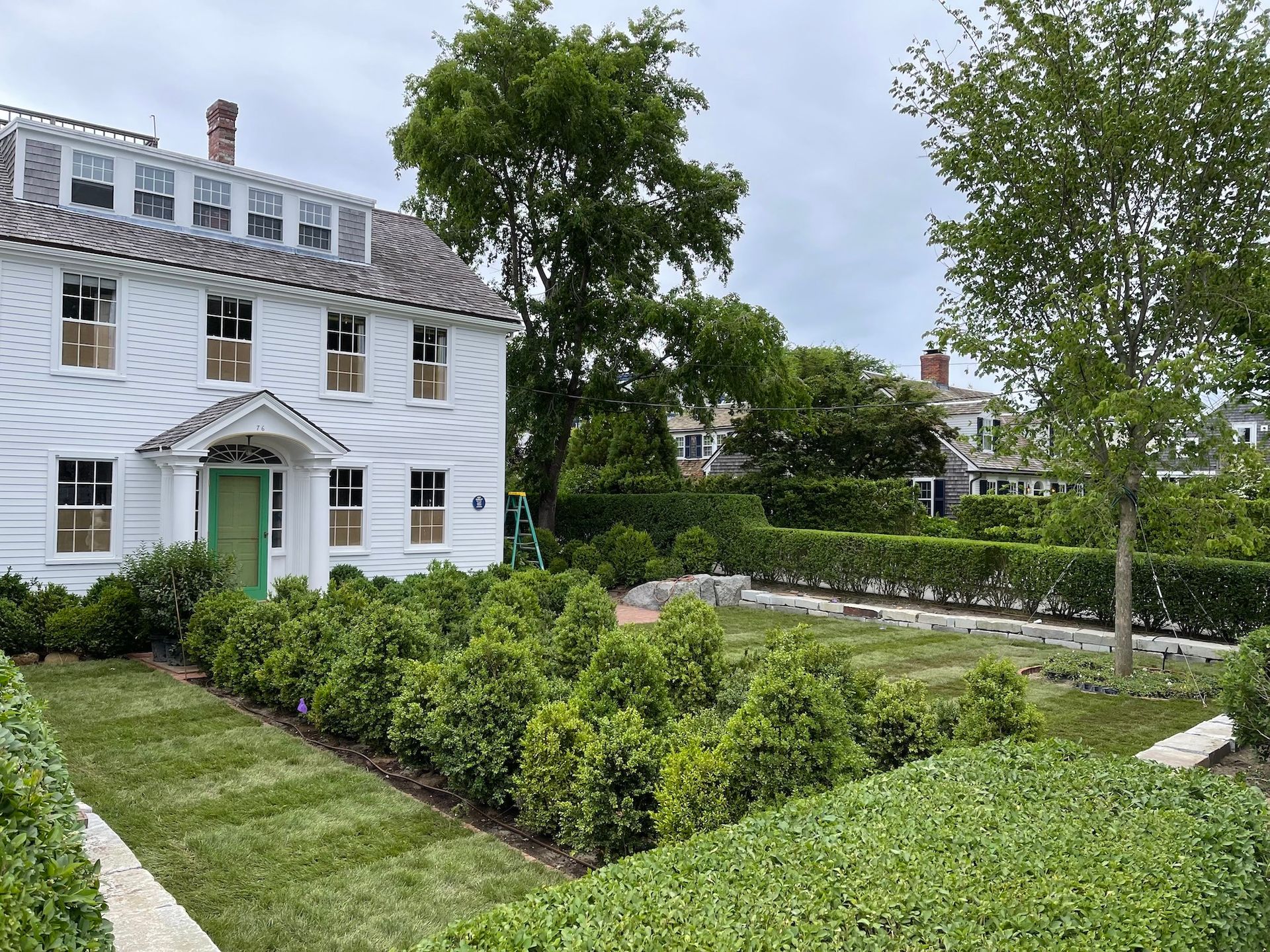 A white house with a green door is surrounded by bushes and trees.