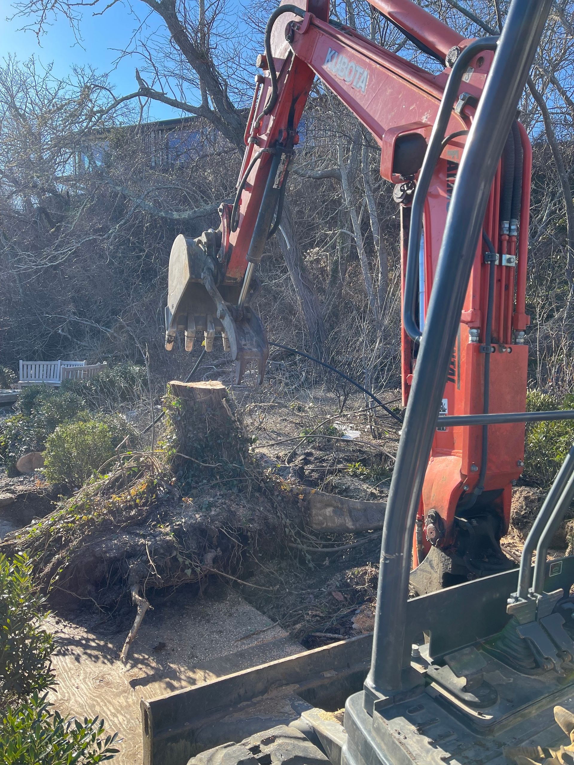 A red excavator is moving a large tree stump.