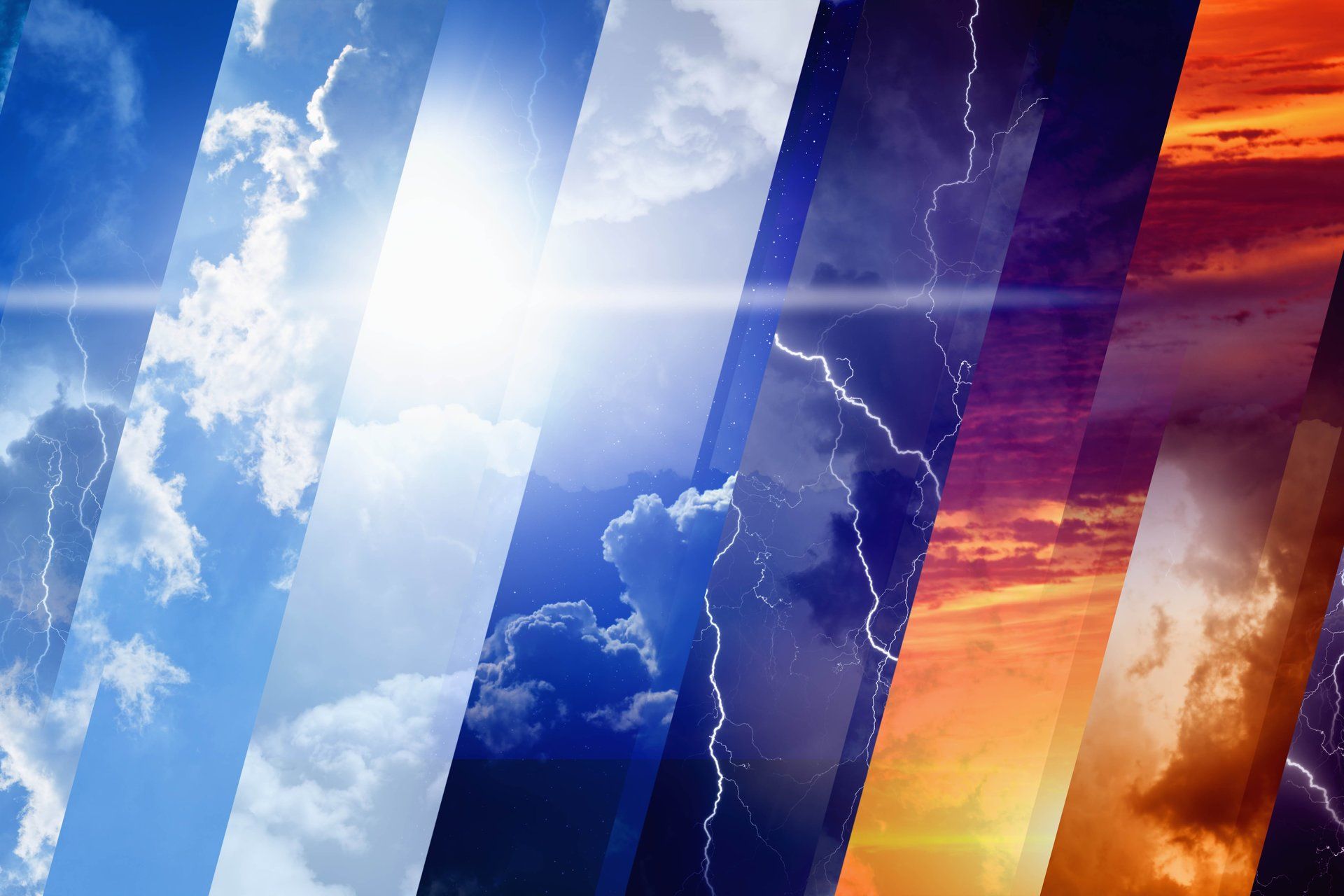 Collage meteorologico: cielo azzurro, nuvole, sole, fulmini e tramonto infuocato.