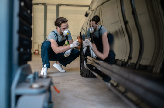 Employee carefully painting a car with a spray gun in a well-lit garage setting for back-to-school s