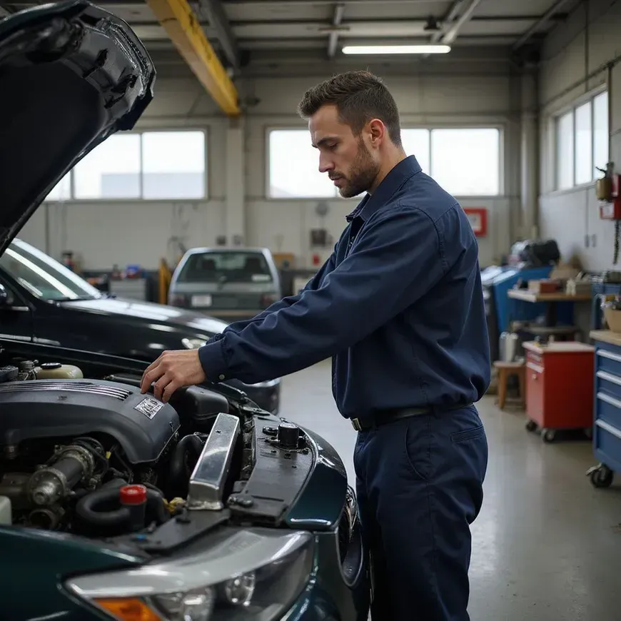 Technician examining collision damage for auto body repair at Arnold’s Auto Repair New Brunswick NJ