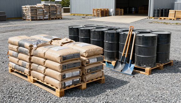 Stocked paving supplies including asphalt, sealers, and crack fillers at First Choice Paving in Kingsport, TN
