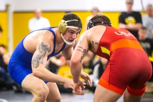 Iowa's Abe Assad, left, wrestles Cash Wilcke during the second day of preseason Hawkeye wrestling matches, Friday, Nov., 8, 2019, inside the Dan Gable Wrestling Complex at Carver-Hawkeye Arena in Iowa City, Iowa.