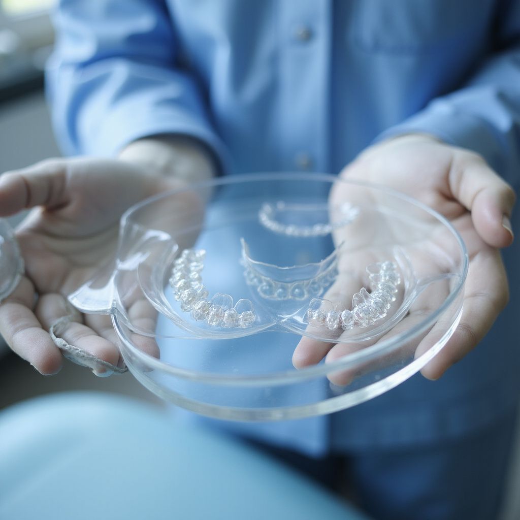 Gloved hands holding a petri dish with clear, coiled lab-grown material in a lab setting