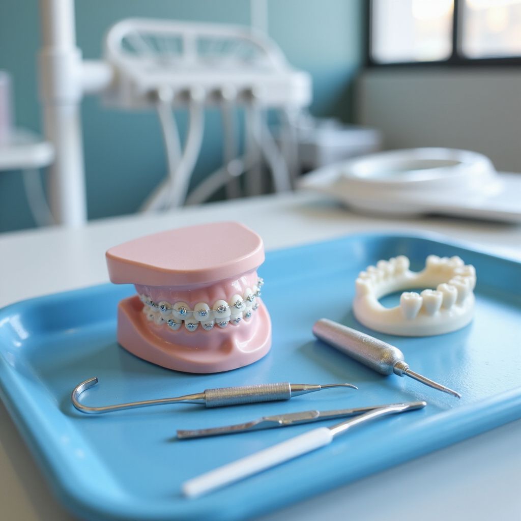 Dental tray with pink braces model, impression mold, and metal tools on a blue tray in a clinic.