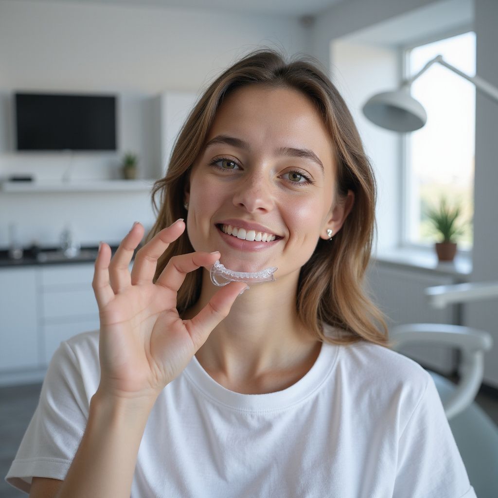 Smiling woman holds clear aligner in a bright modern kitchen