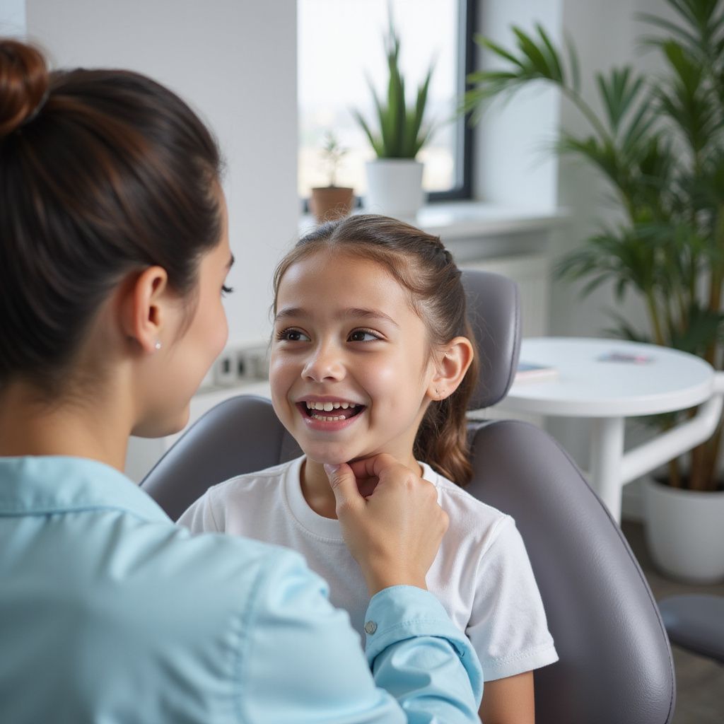 Healthcare worker smiling with a child in a clinic, checking the child’s throat.