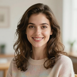 Smiling woman with wavy brown hair in a light sweater, standing indoors in a softly lit room