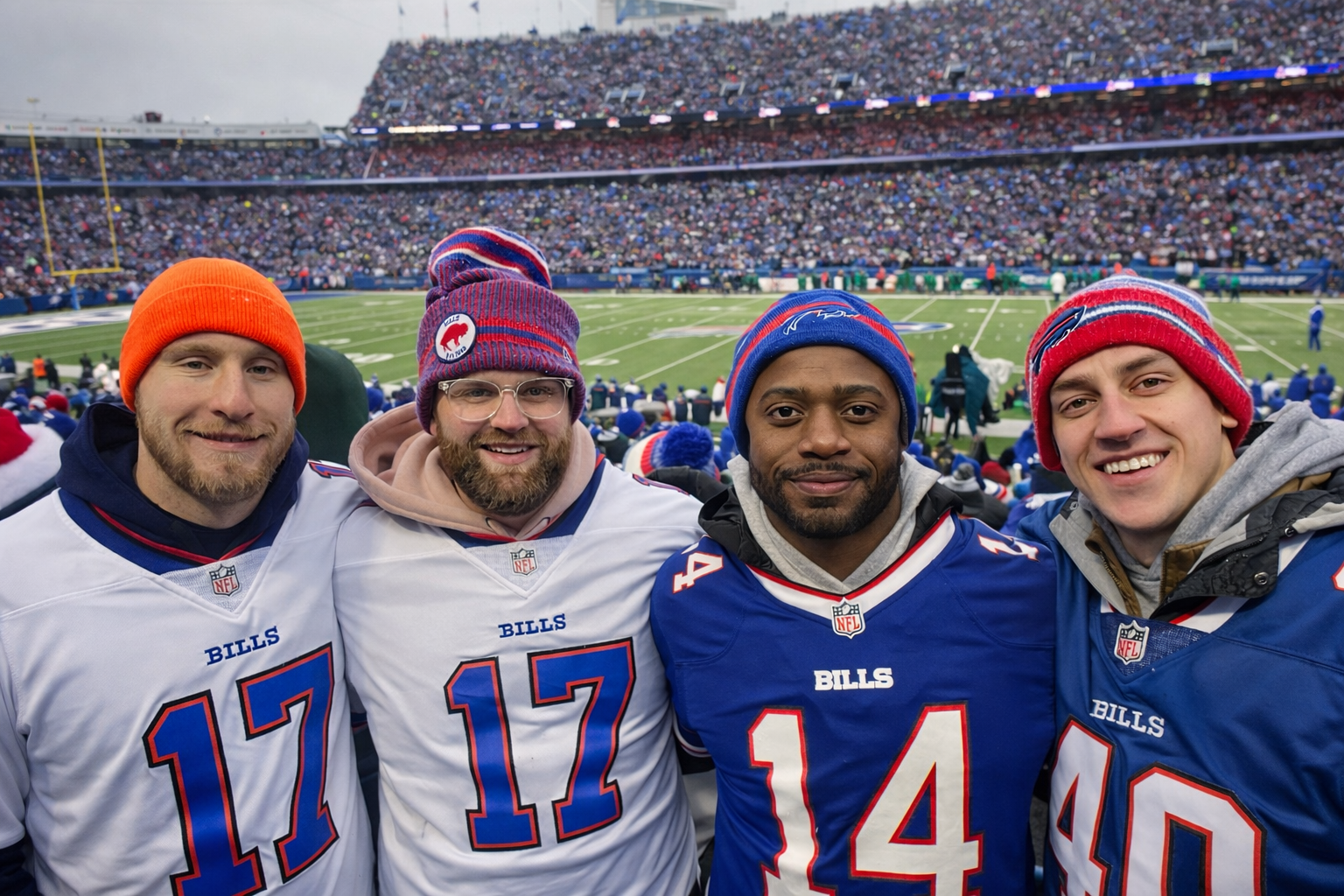 Four Buffalo Bills players posing on the field in white jerseys and knit hats at a snowy stadium
