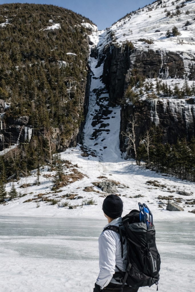 Person with backpack stands on frozen lake, facing snow-covered mountain waterfall.