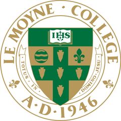 Le Moyne College circular seal with green-and-gold shield and banner text, “A.D. 1946.”