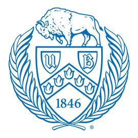 Blue university-style shield logo with laurel wreath, bison, shield, and the date 1846