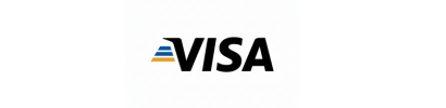 Visa logo with black text, blue accent lines, and yellow streak on a white background