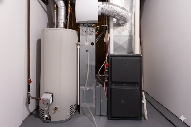 Water heater, furnace, and vent pipes in a utility room with gray walls and floor.
