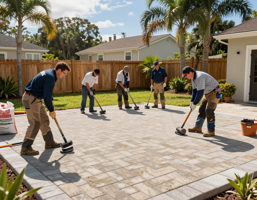 Pavers Commandos Melbourne crew completing a herringbone paver patio installation in Brevard County