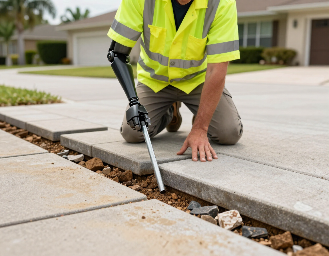 Paver repair technician probing the base layer beneath lifted pavers
