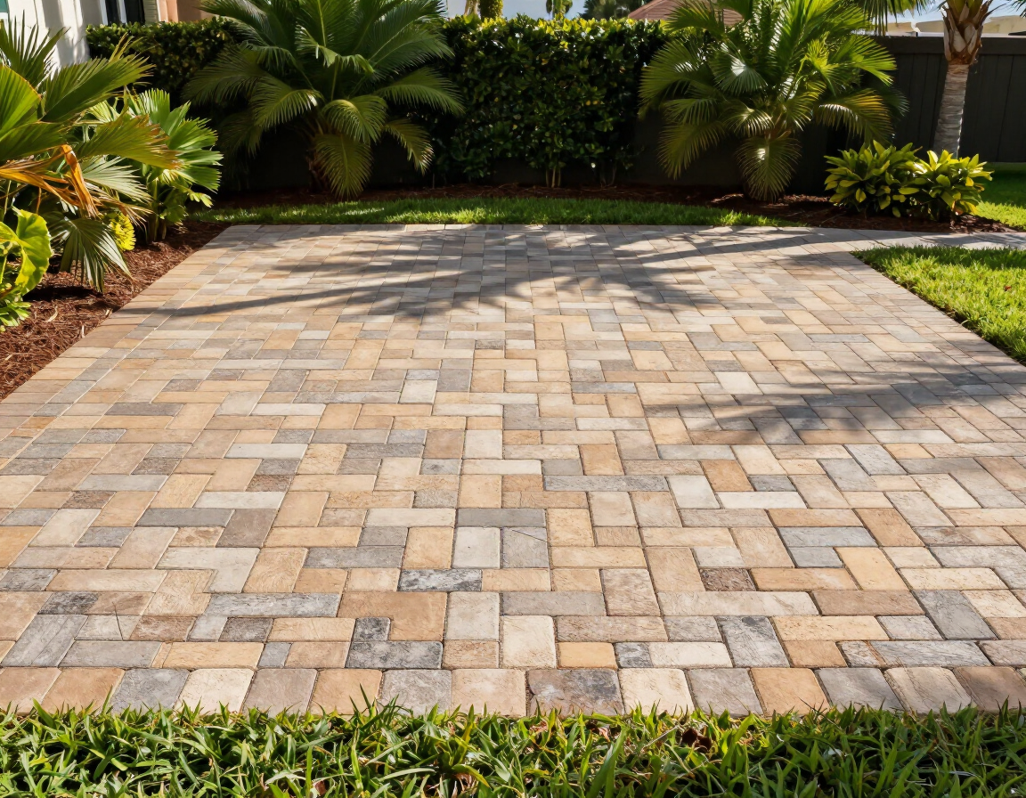 Freshly repaired paver patio with clean grout lines in a Florida backyard