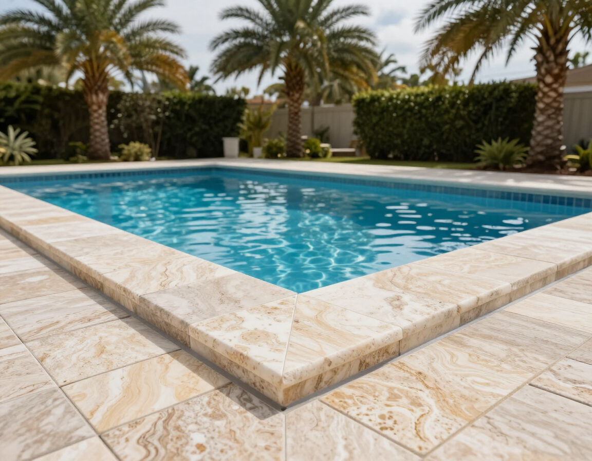 Freshly installed travertine pool deck pavers with clean coping lines and sparkling blue pool, Brevard County Florida