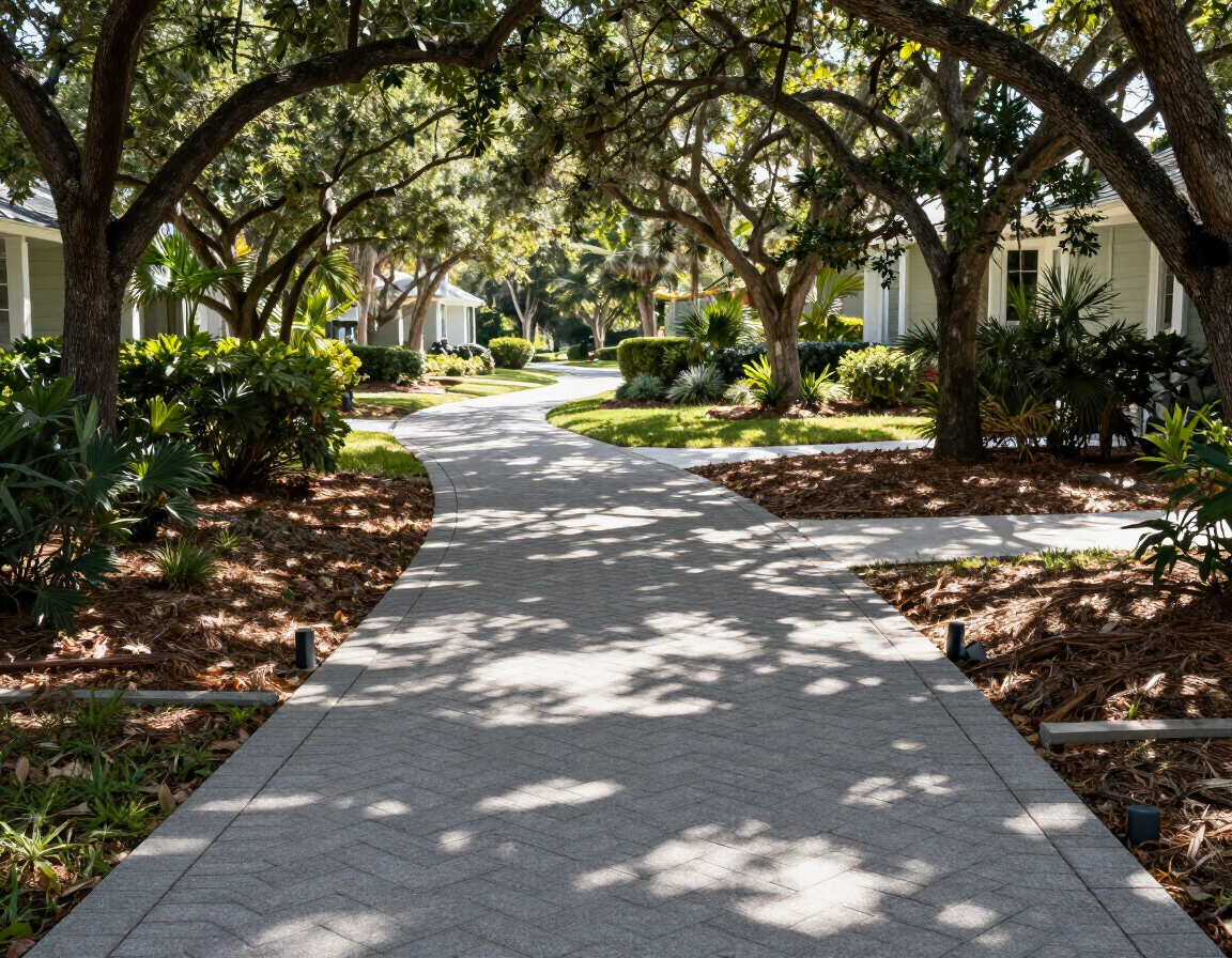 Root-barrier-integrated walkway pavers through mature oak canopy, Sebastian FL