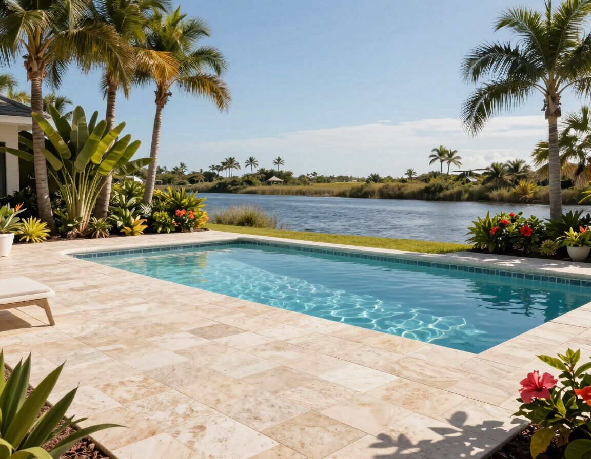 Travertine pool deck pavers at Sebastian FL waterfront home with Indian River Lagoon view