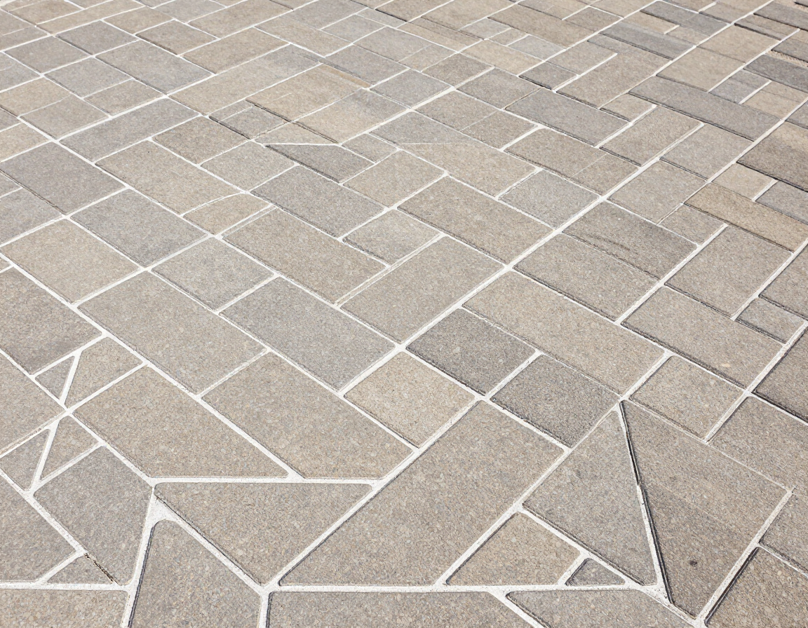 Close-up overhead view of herringbone interlocking paver driveway with polymeric sand joints