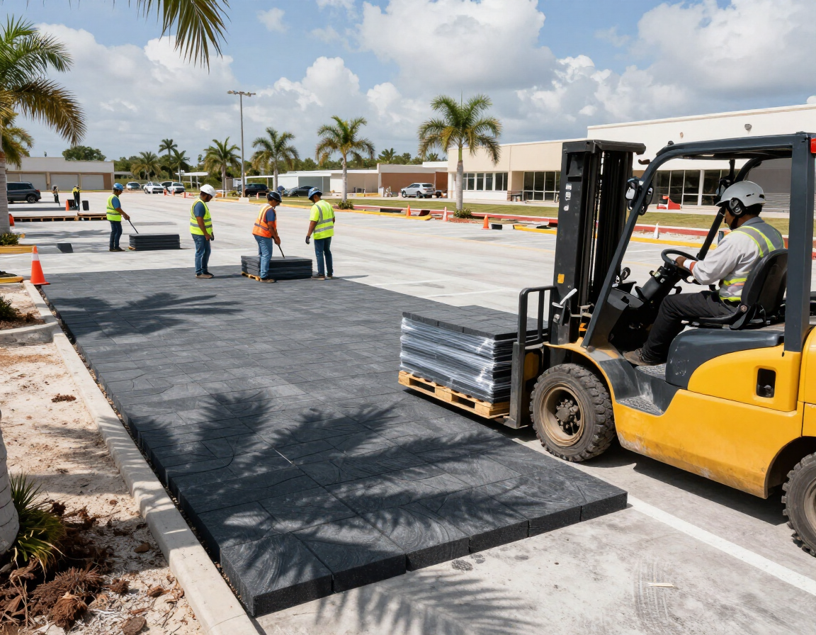 Commercial parking lot paver installation with crew