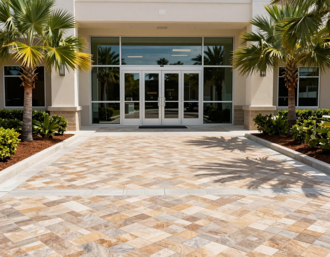 Commercial entrance drive with herringbone paver pattern