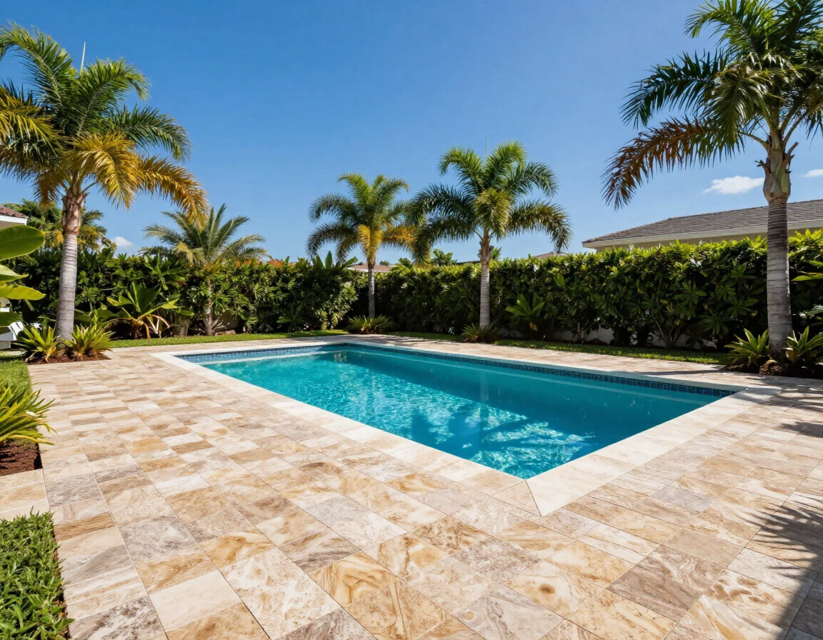 Travertine paver pool deck Florida backyard