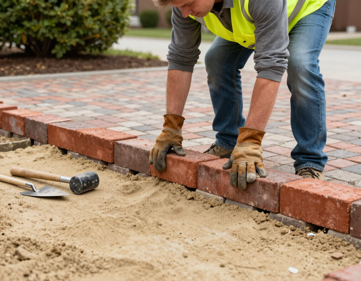 Paver contractor re-leveling sunken brick paver driveway