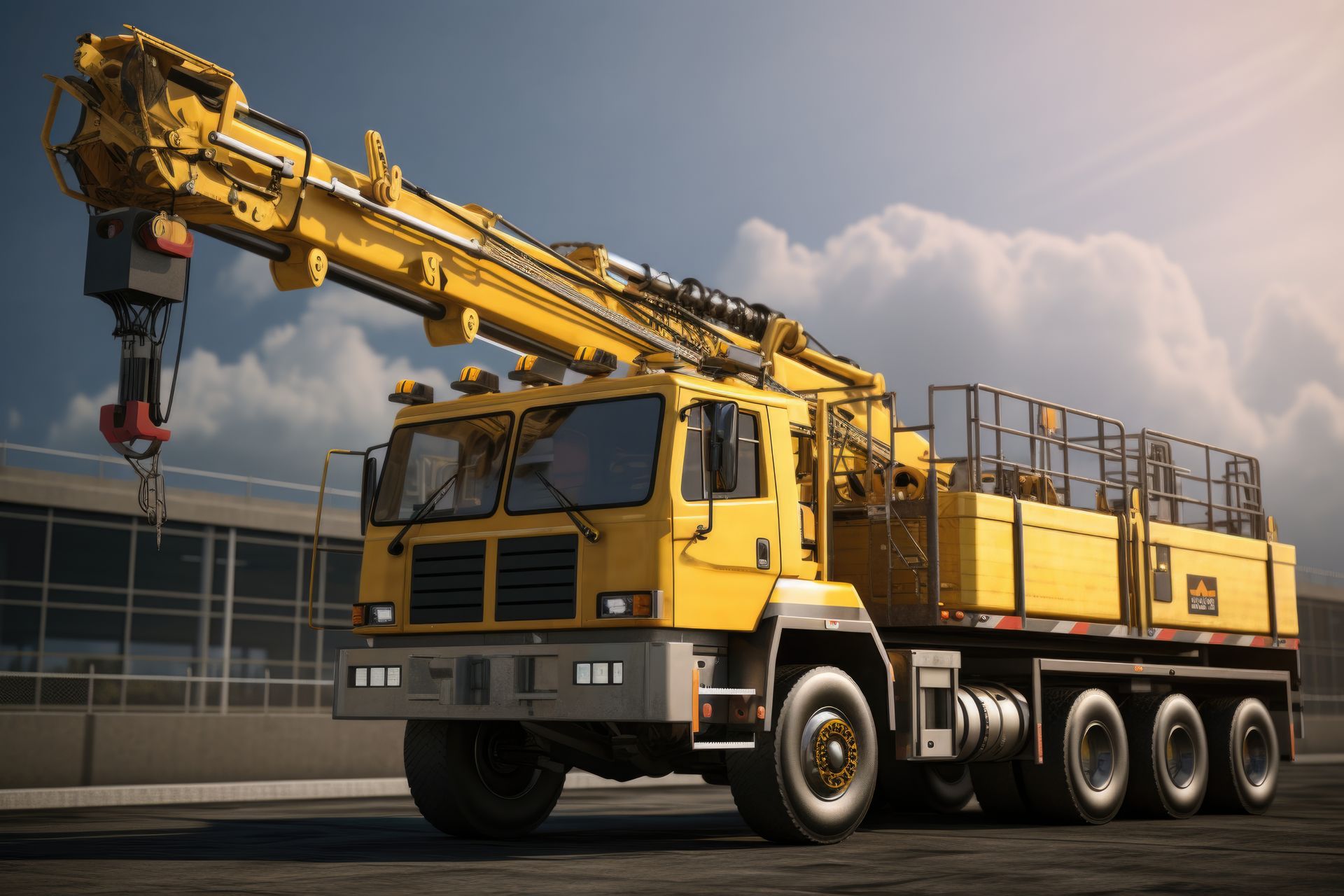 Un camion-grue mobile jaune est stationné sur une surface pavée sous un ciel nuageux.