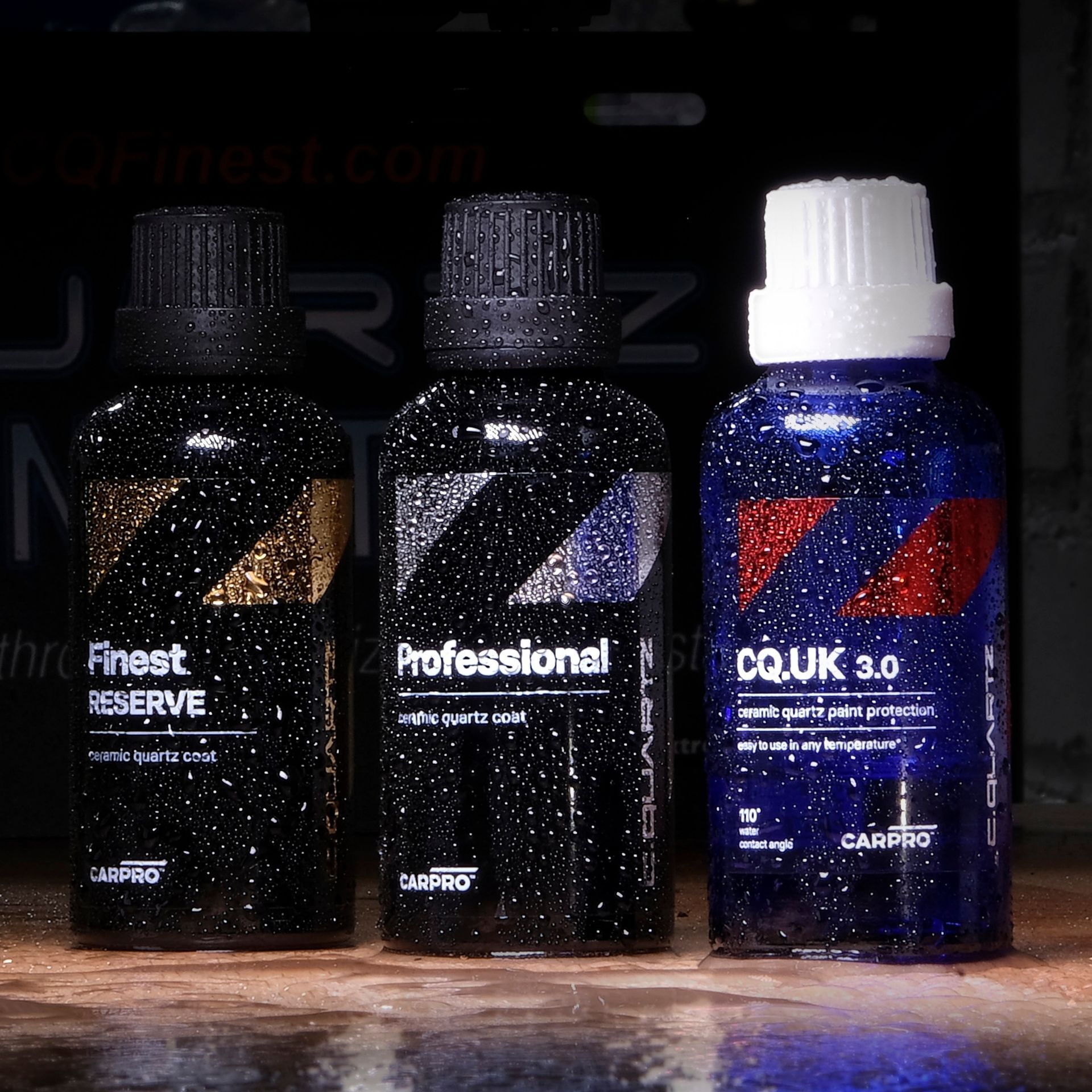 Three CGUK bottle products in black and blue, labeled Finest Reserve, Professional, and CGUK 3.0.