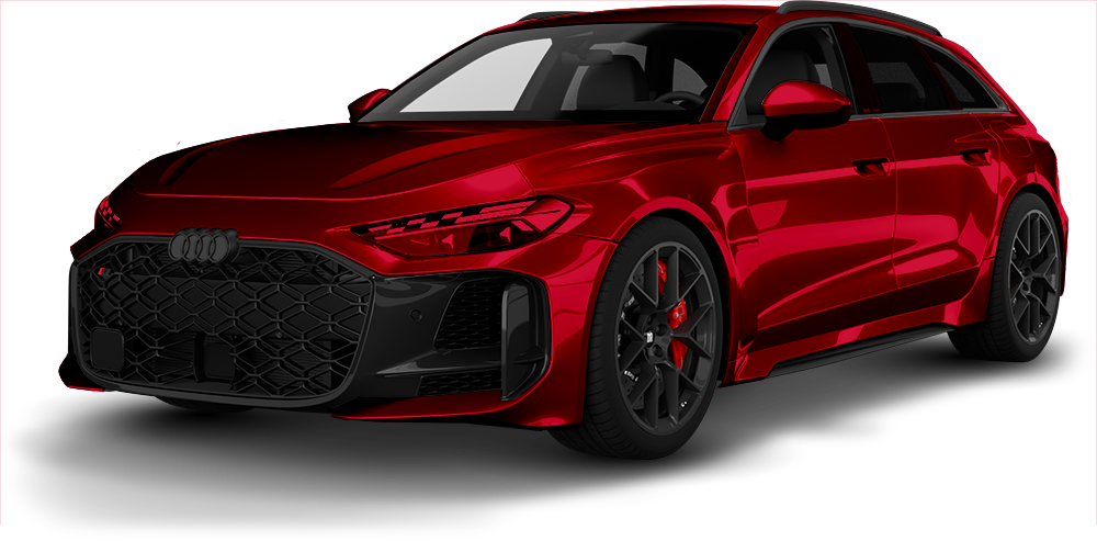 Red sports sedan with black accents, angled front view on a white background