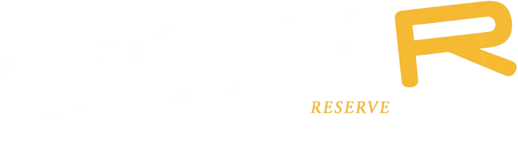 Gold “RESERVE” text with a stylized gold R on a white background
