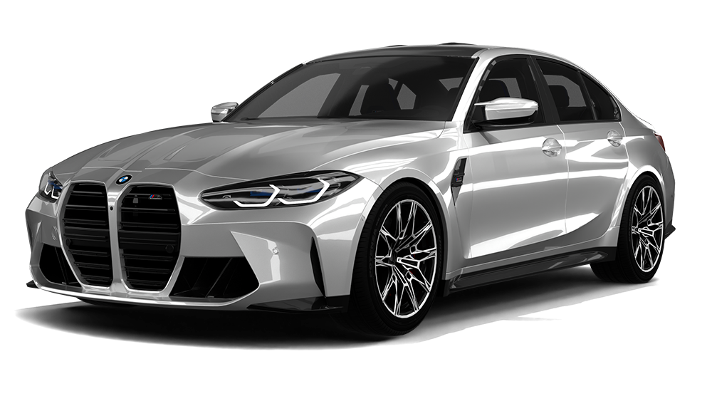 Silver BMW sedan on a white background, shown in a front three-quarter view.