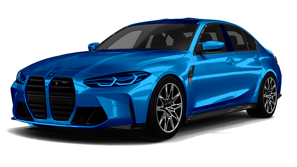 Blue sports sedan on a white background, angled front view