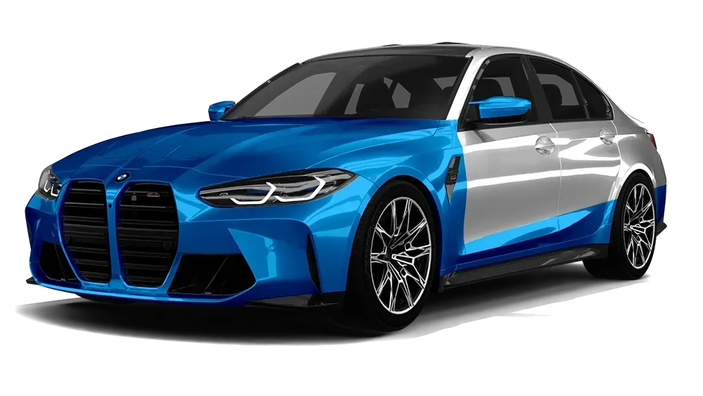 Blue and silver sports sedan on a white background, front three-quarter view