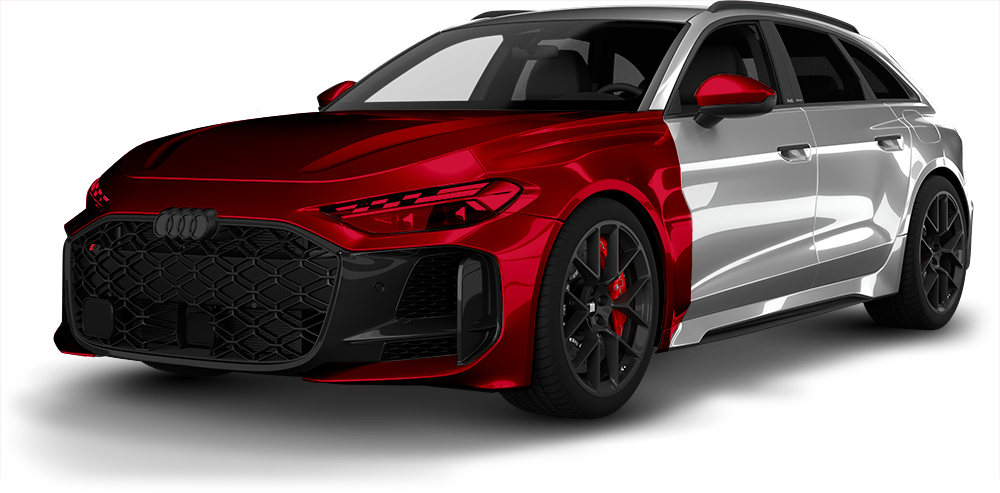 Red and silver sports sedan on a white background, angled front view