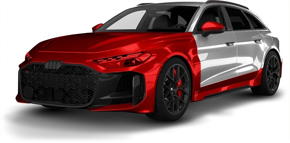 Red-and-white sports sedan with black rims on a white background