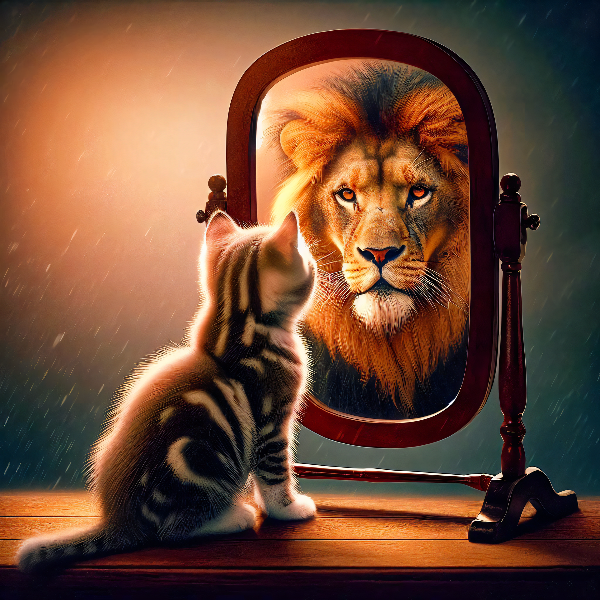 Cat looking in a mirror sees a lion. The cat is striped, the lion is golden, and the setting is dimly lit.
