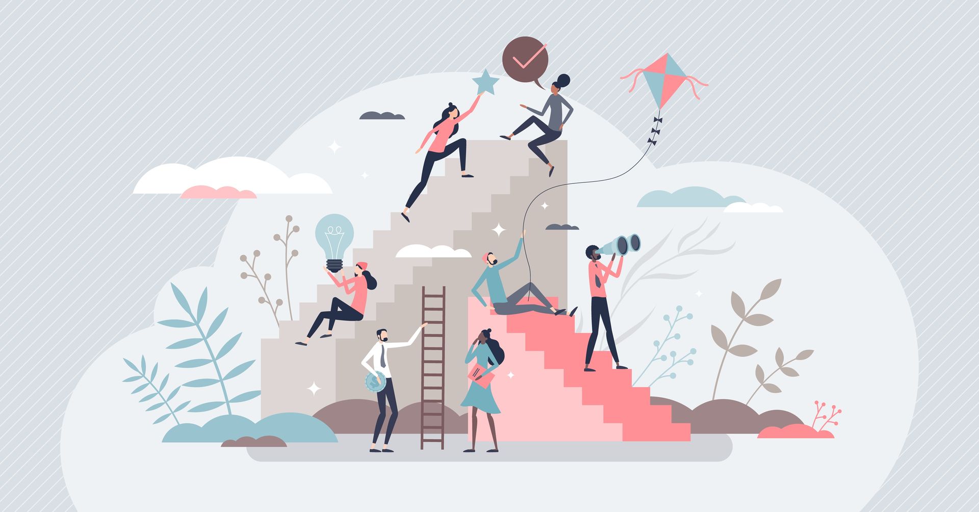 People climbing a staircase to reach goals, including a star, a clock, and a kite.