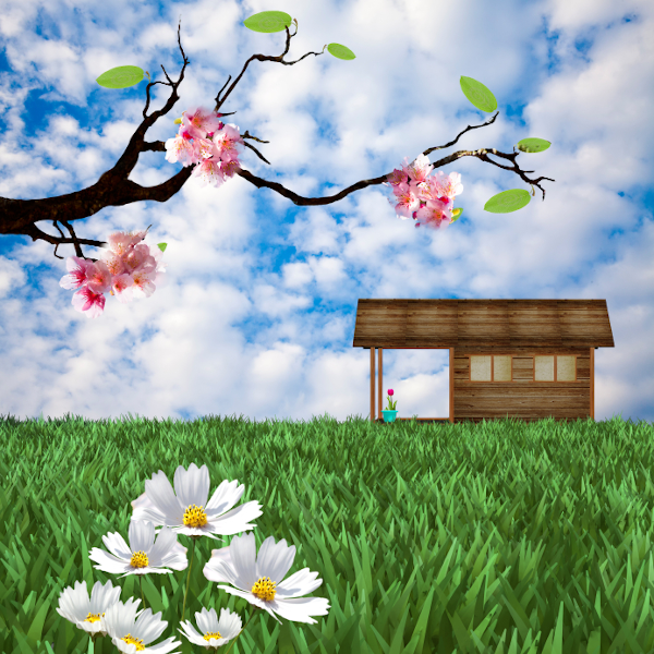 A wooden house on a grassy field with white flowers, beneath a flowering tree and a cloudy blue sky.