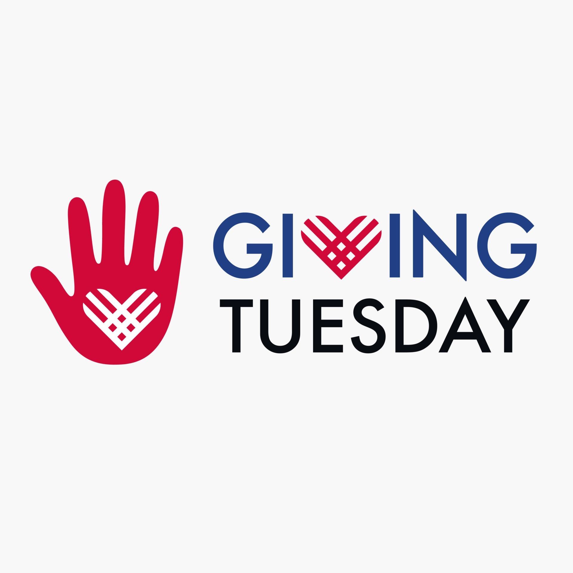 Red hand with heart logo, blue and black