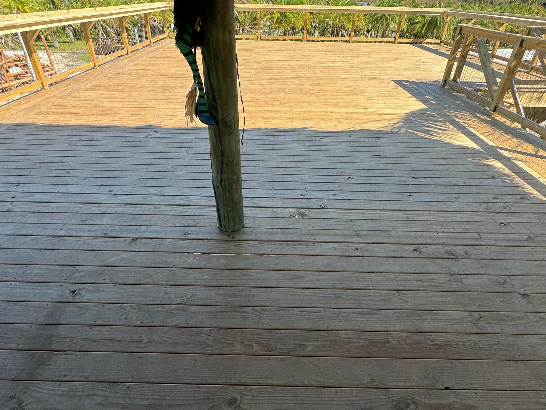 Wooden deck and boardwalk with a central post, leading to a sunlit overlook surrounded by trees.