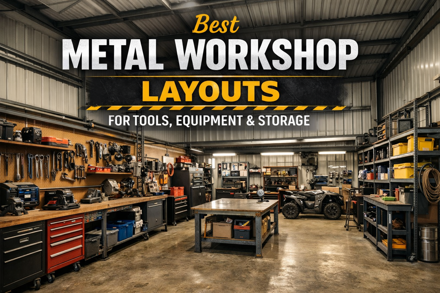 A metal workshop interior with organized tools, storage shelves, and a central workbench under a text overlay.